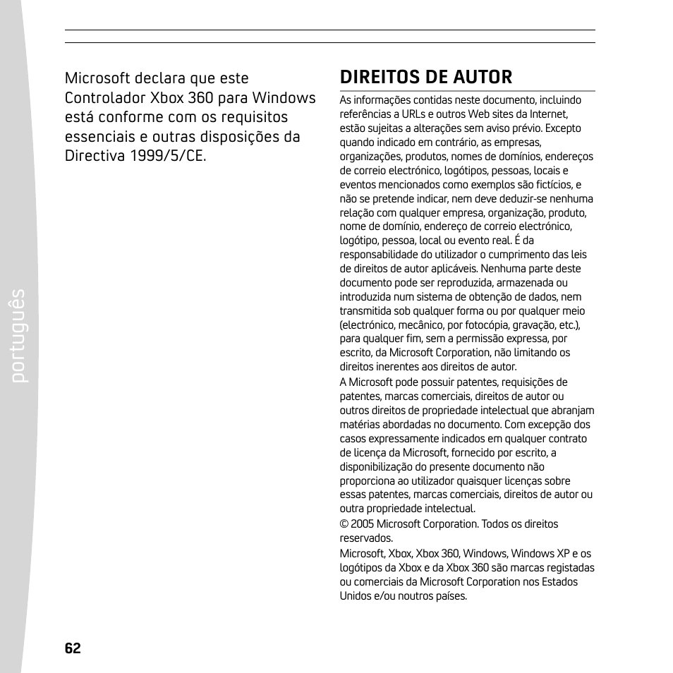 Po rt ug uê s | XBOX 360 User Manual | Page 62 / 64