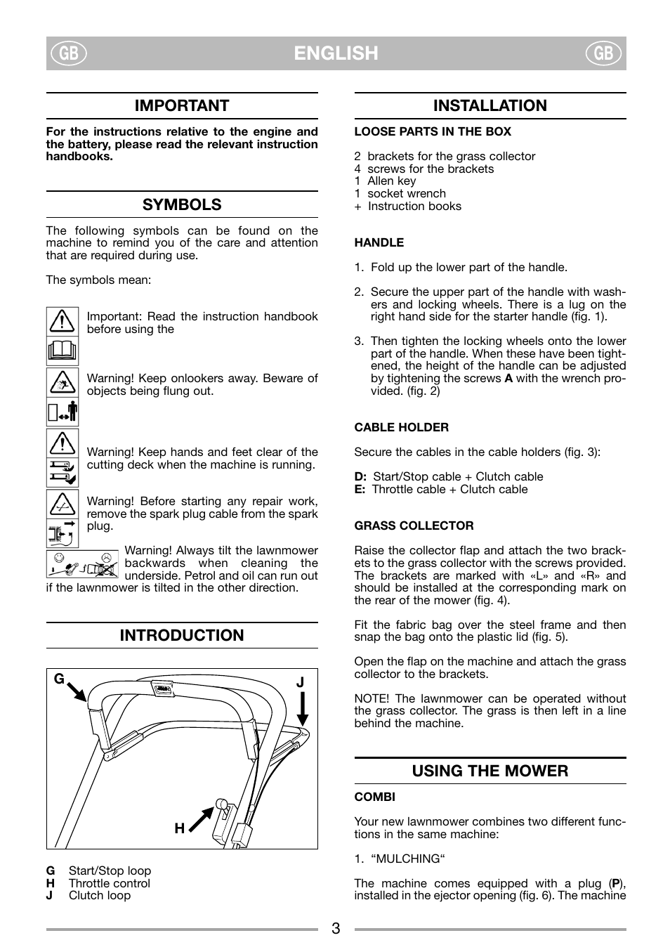 English gb gb, Important, Symbols | Introduction, Installation, Using the mower | Mountfield 550 SP User Manual | Page 5 / 10