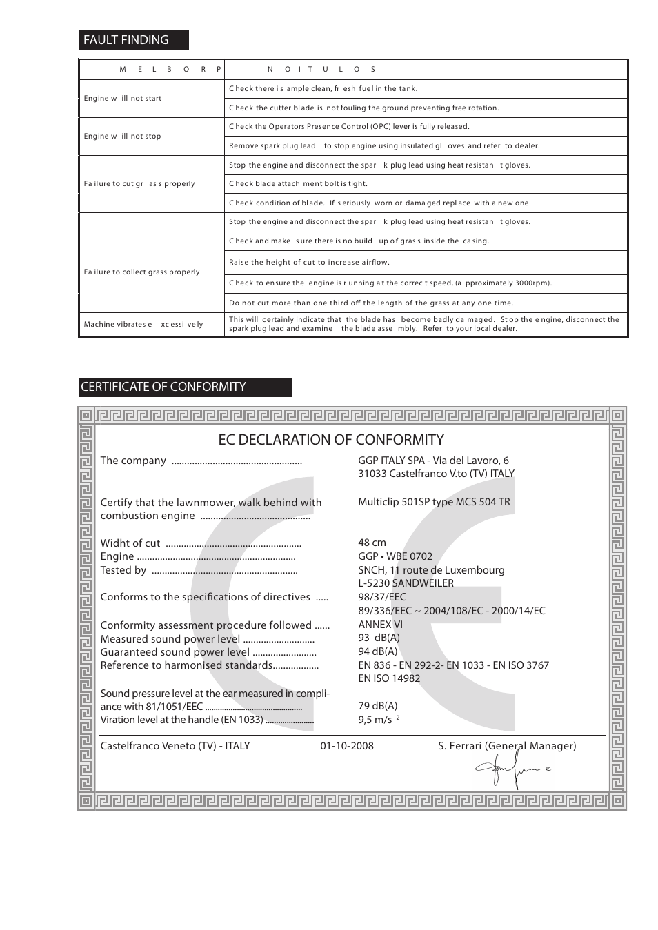 Multic_7, Ec declaration of conformity, Fault finding certificate of conformity | Mountfield Multiclip 501SP Lawnmower with Mountfield RM45 engine 291502148/BQ User Manual | Page 7 / 8