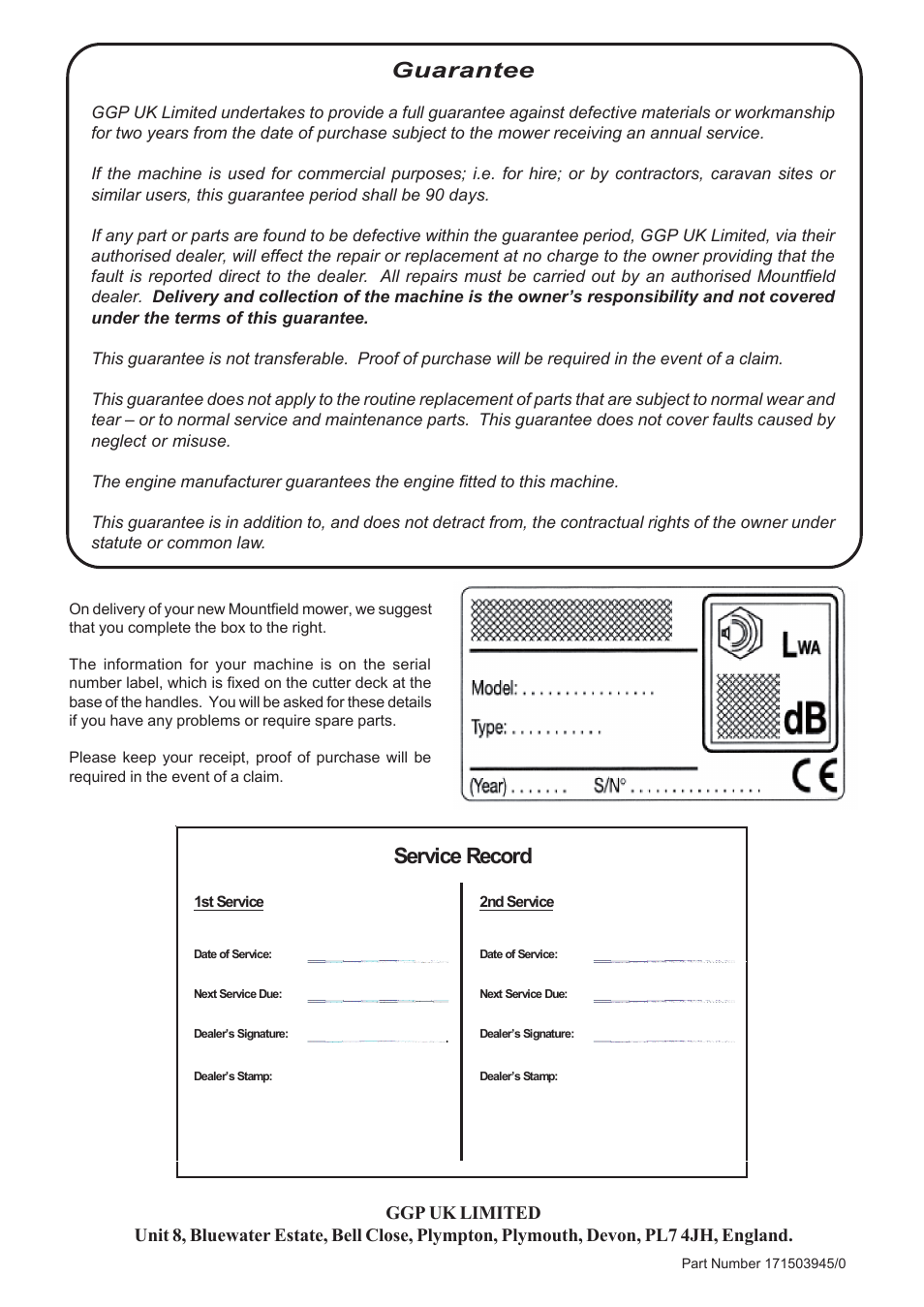 Multic_8, Guarantee, Service record | Mountfield Multiclip 501SP Lawnmower with Mountfield RM45 engine 291502148/BQ User Manual | Page 8 / 8