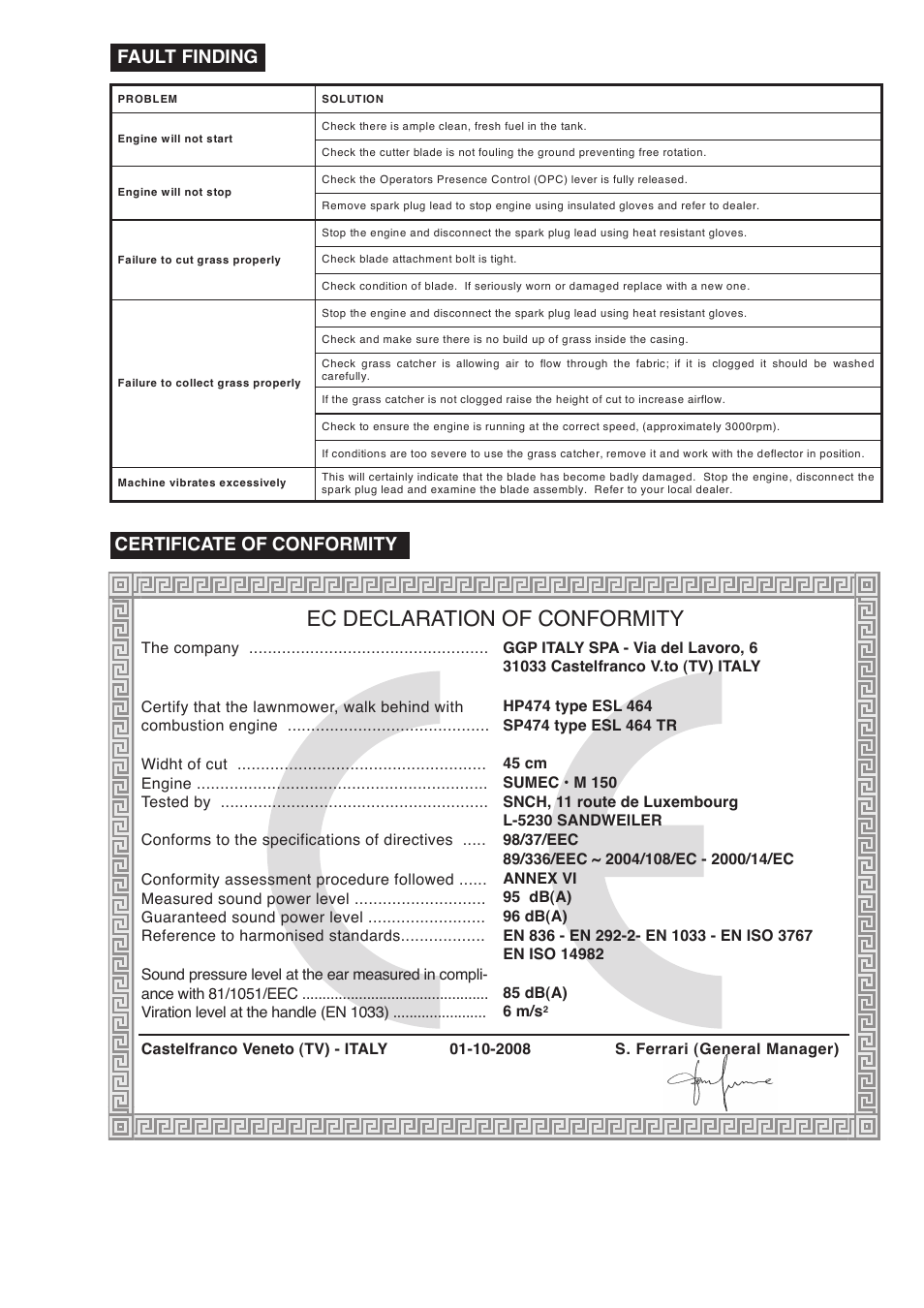 Ec declaration of conformity, Fault finding certificate of conformity | Mountfield SP474 User Manual | Page 7 / 8