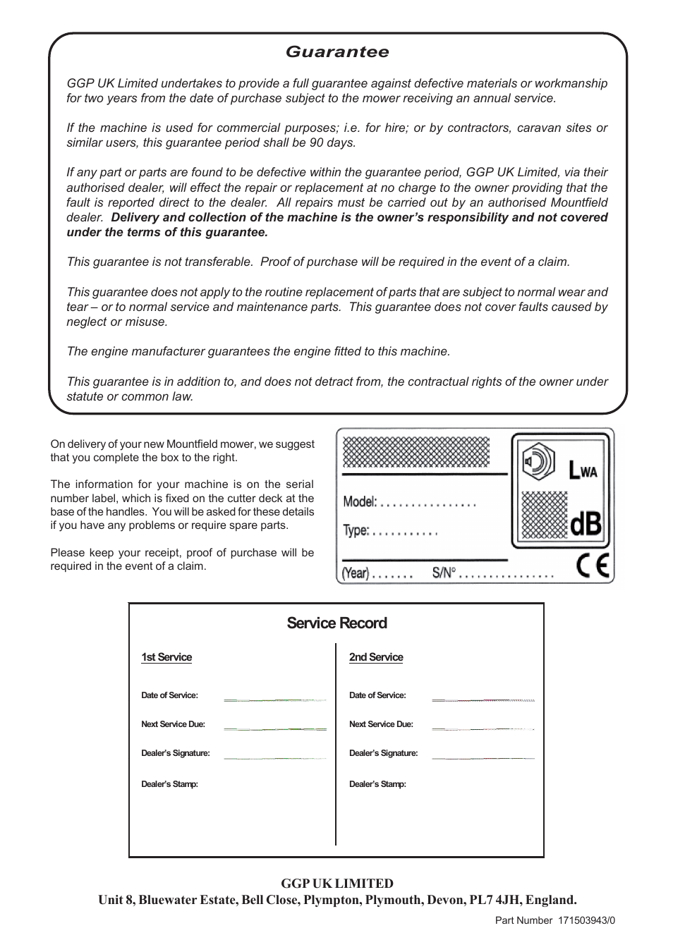 Guarantee, Service record | Mountfield SP474 User Manual | Page 8 / 8