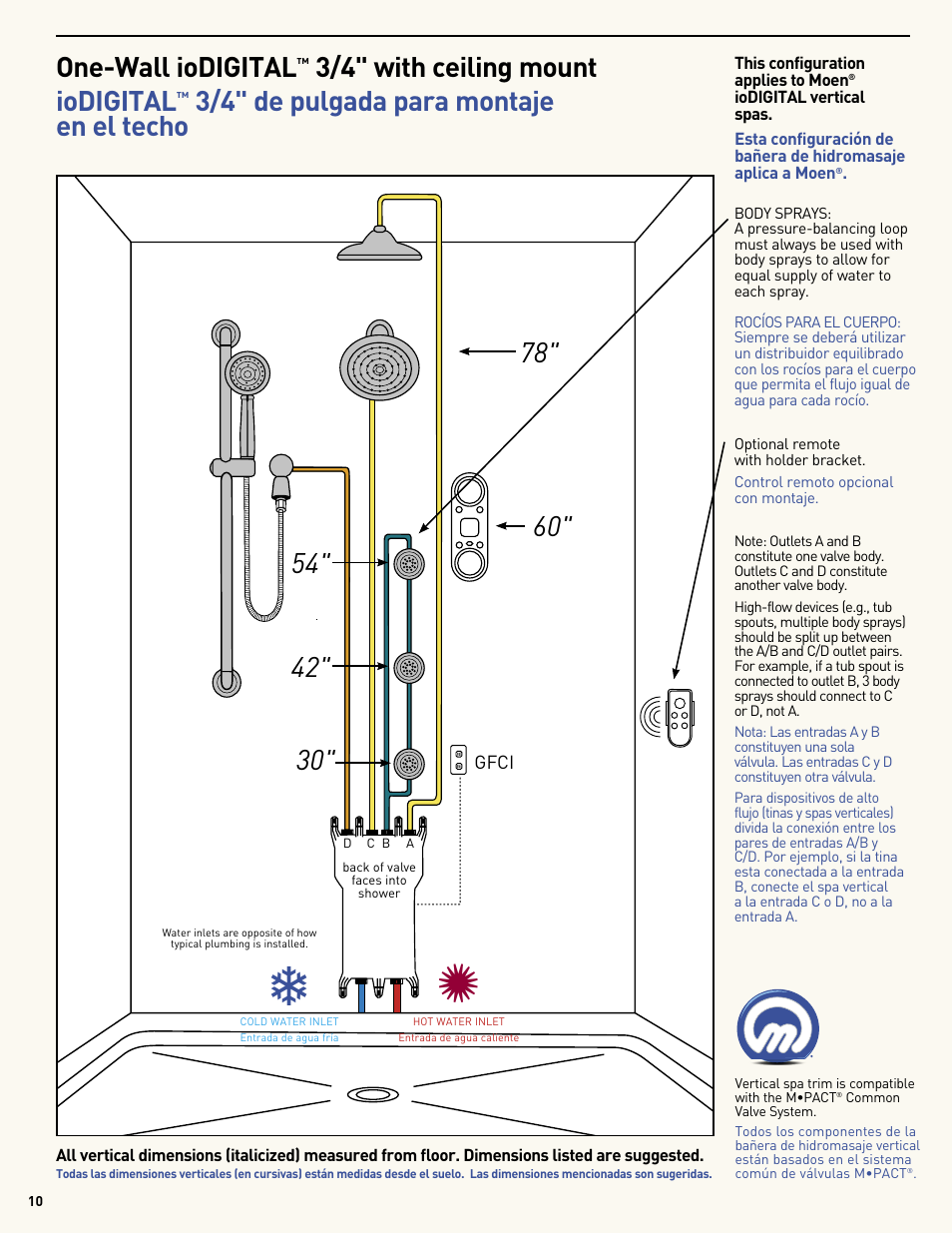 One-wall iodigital, 3/4" with ceiling mount iodigital, 3/4" de pulgada para montaje en el techo | Moen Vertical Spa MF2816 User Manual | Page 10 / 24