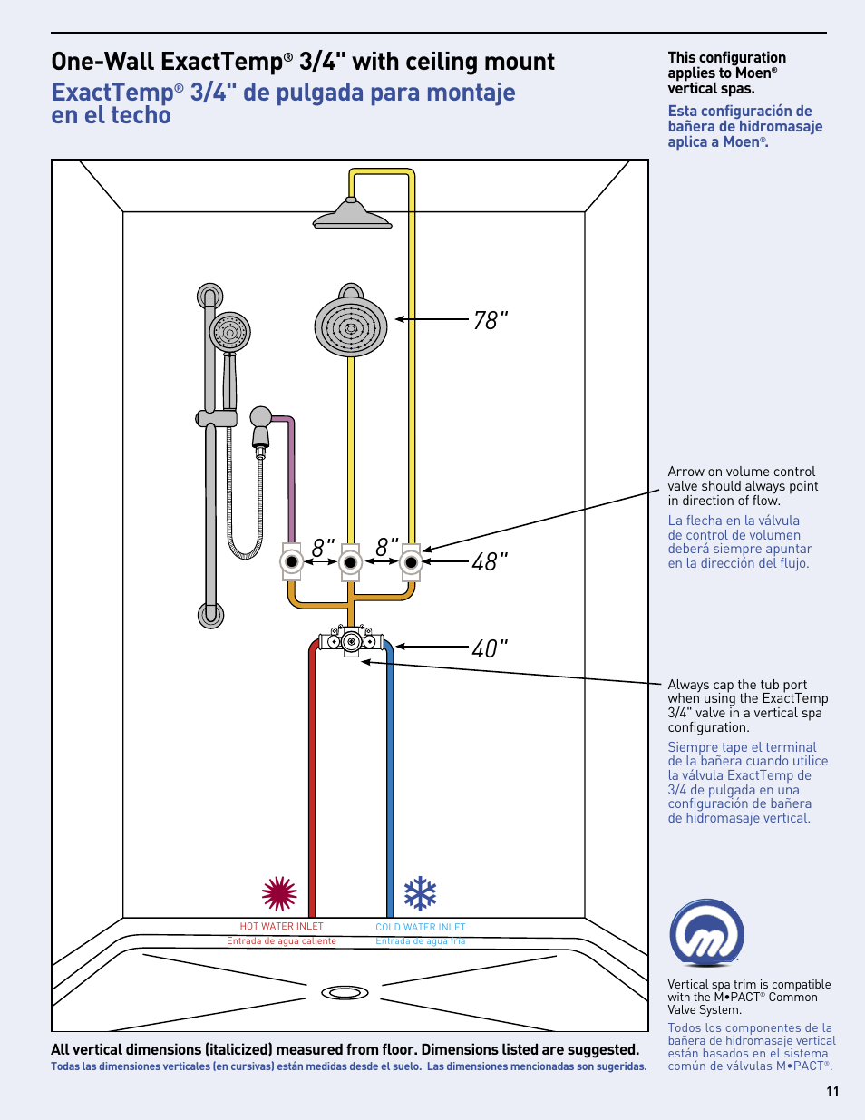 One-wall exacttemp, 3/4" with ceiling mount exacttemp, 3/4" de pulgada para montaje en el techo | Moen Vertical Spa MF2816 User Manual | Page 11 / 24