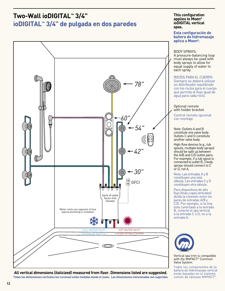 3/4" iodigital, 3/4" de pulgada en dos paredes | Moen Vertical Spa MF2816 User Manual | Page 12 / 24
