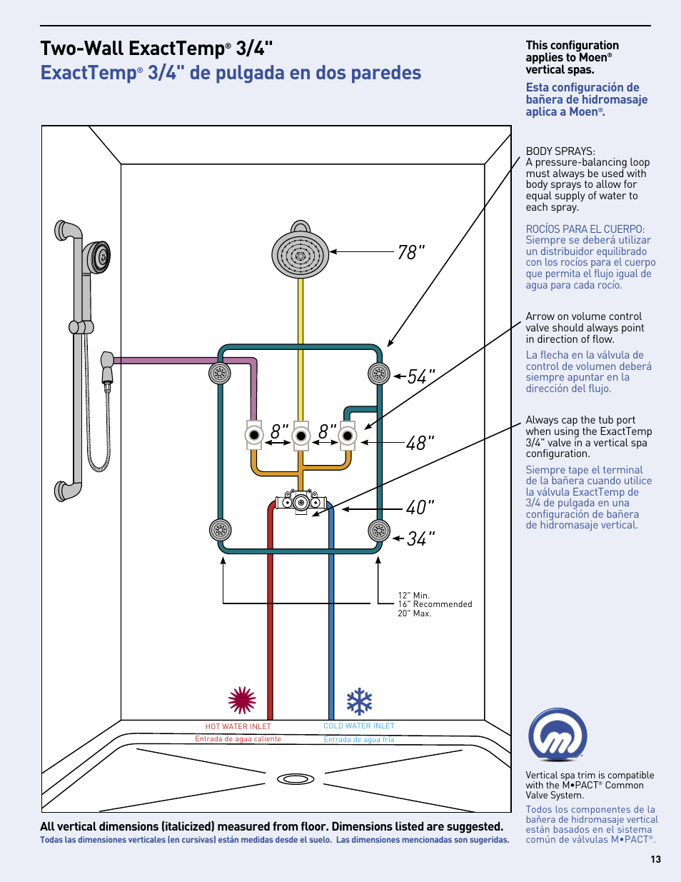 3/4" exacttemp, 3/4" de pulgada en dos paredes | Moen Vertical Spa MF2816 User Manual | Page 13 / 24