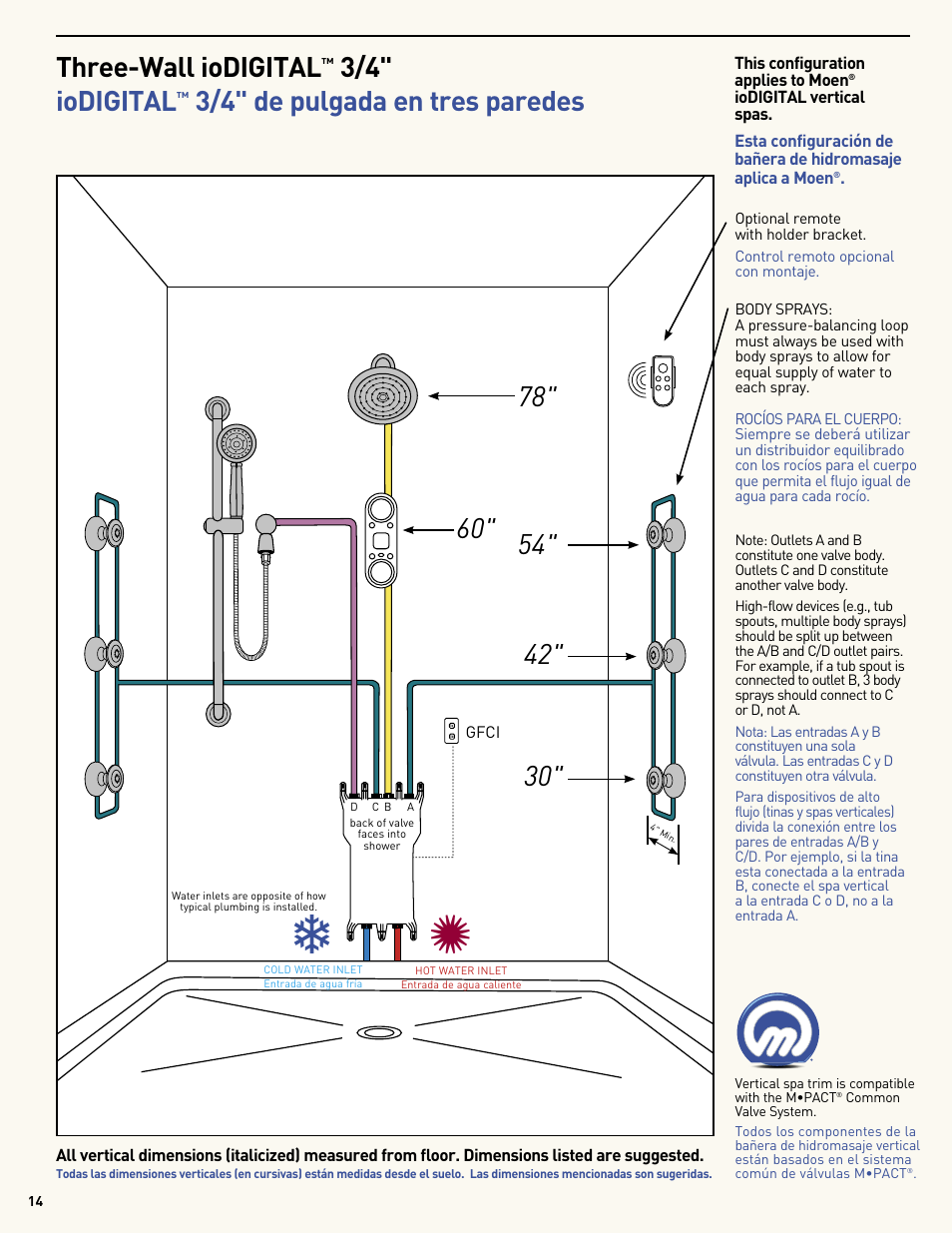 3/4" iodigital, 3/4" de pulgada en tres paredes | Moen Vertical Spa MF2816 User Manual | Page 14 / 24