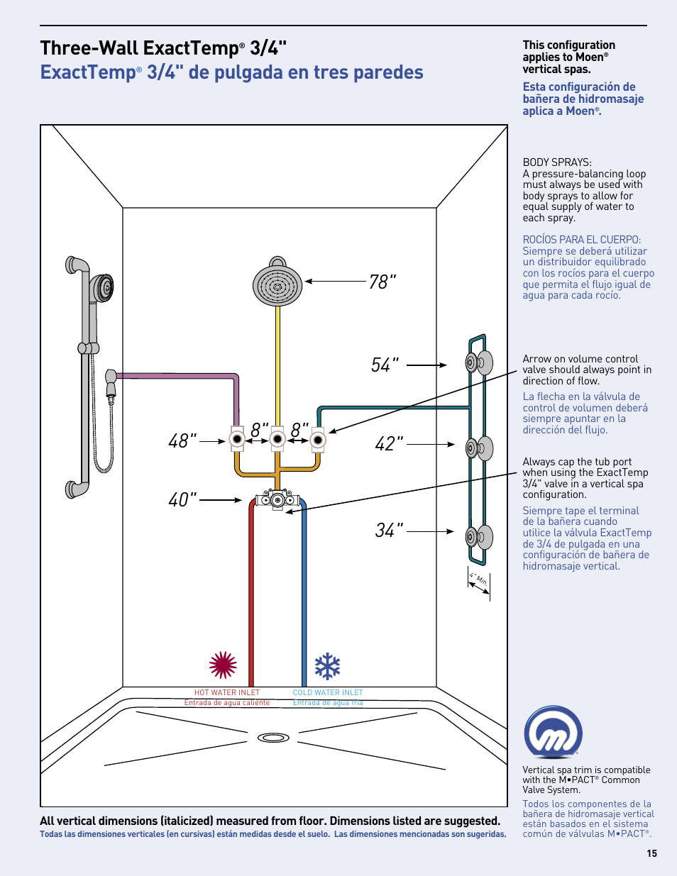 8" 8" three-wall exacttemp, 3/4" exacttemp, 3/4" de pulgada en tres paredes | Moen Vertical Spa MF2816 User Manual | Page 15 / 24