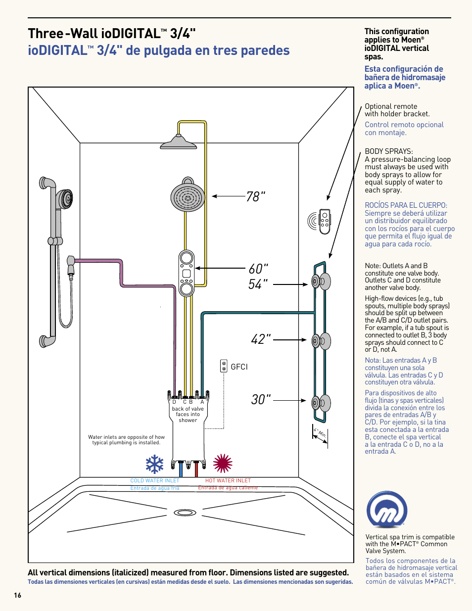 Three-wall iodigital, 3/4" iodigital, 3/4" de pulgada en tres paredes | Moen Vertical Spa MF2816 User Manual | Page 16 / 24