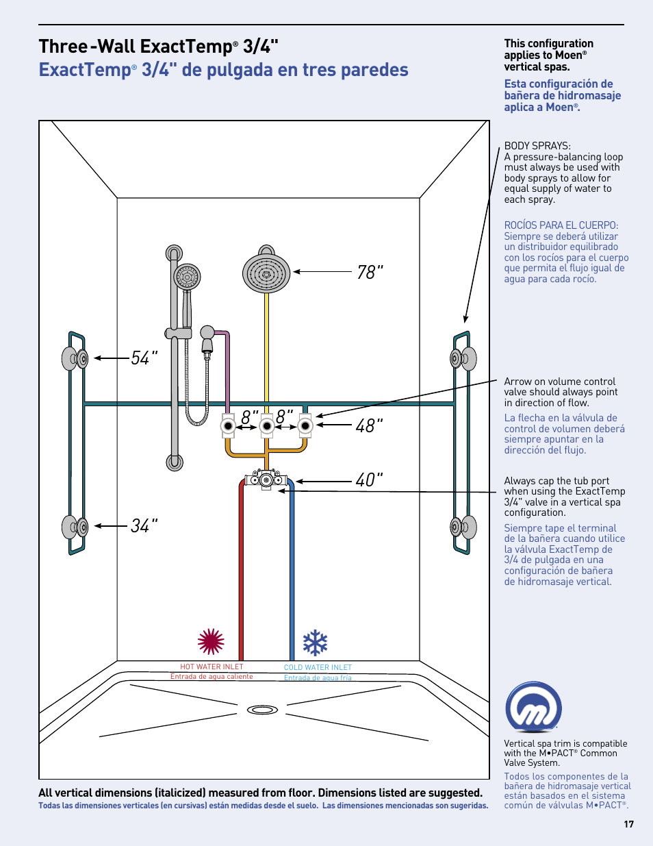 8" 8" 40" three-wall exacttemp, 3/4" exacttemp, 3/4" de pulgada en tres paredes | Moen Vertical Spa MF2816 User Manual | Page 17 / 24