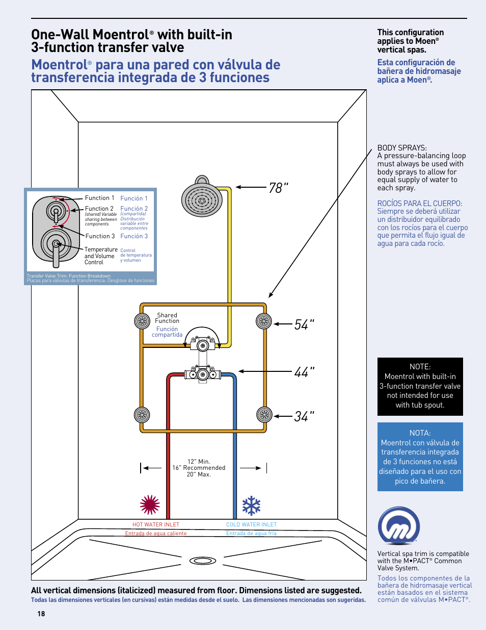 One-wall moentrol, With built-in 3-function transfer valve moentrol | Moen Vertical Spa MF2816 User Manual | Page 18 / 24