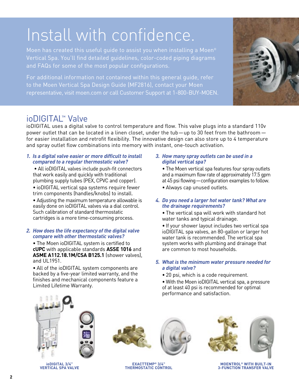 Install with confidence, Iodigital, Valve | Moen Vertical Spa MF2816 User Manual | Page 2 / 24