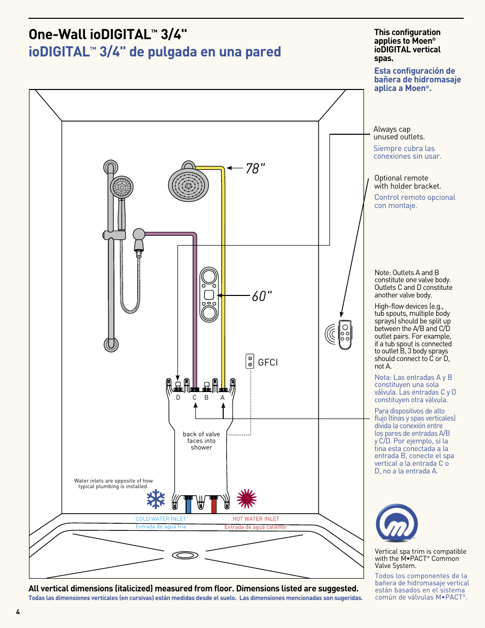 One-wall iodigital, 3/4" iodigital, 3/4" de pulgada en una pared | Moen Vertical Spa MF2816 User Manual | Page 4 / 24