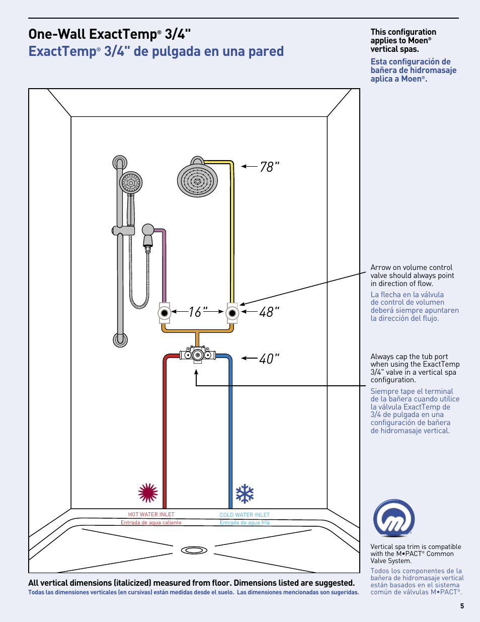 One-wall exacttemp, 3/4" exacttemp, 3/4" de pulgada en una pared | Moen Vertical Spa MF2816 User Manual | Page 5 / 24