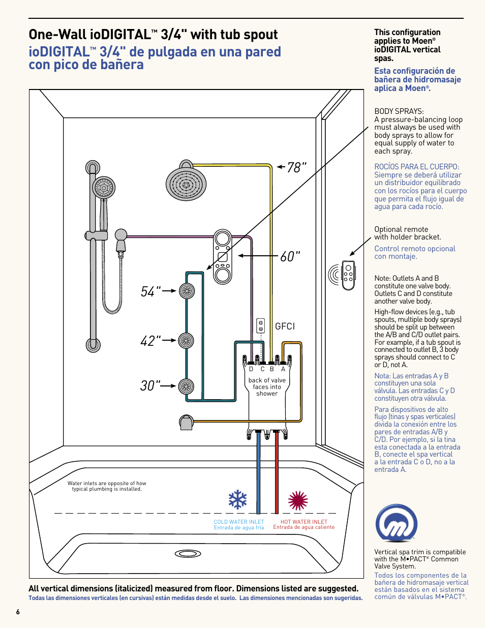 One-wall iodigital, 3/4" with tub spout iodigital, 3/4" de pulgada en una pared con pico de bañera | Moen Vertical Spa MF2816 User Manual | Page 6 / 24