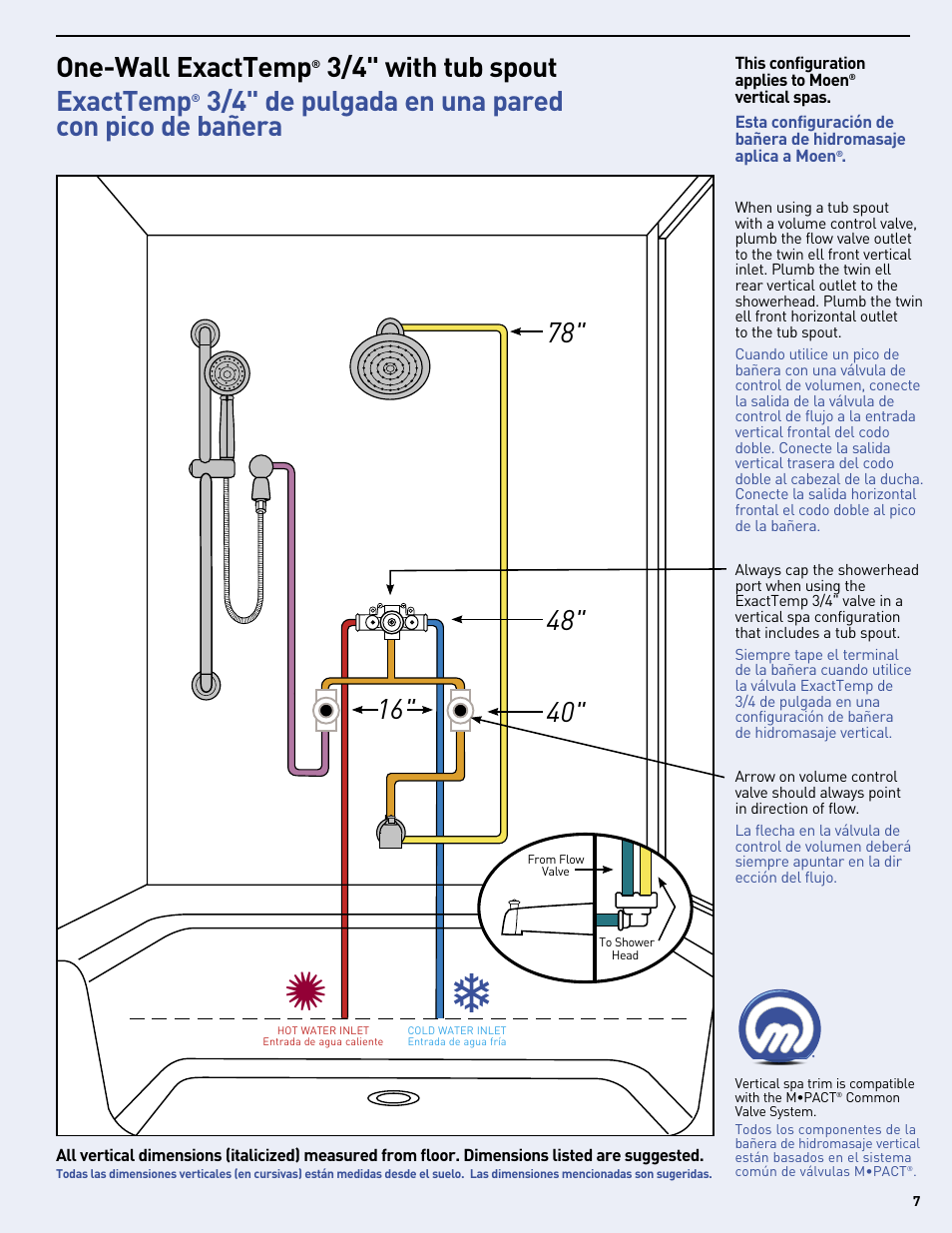 One-wall exacttemp, 3/4" with tub spout exacttemp, 3/4" de pulgada en una pared con pico de bañera | Moen Vertical Spa MF2816 User Manual | Page 7 / 24