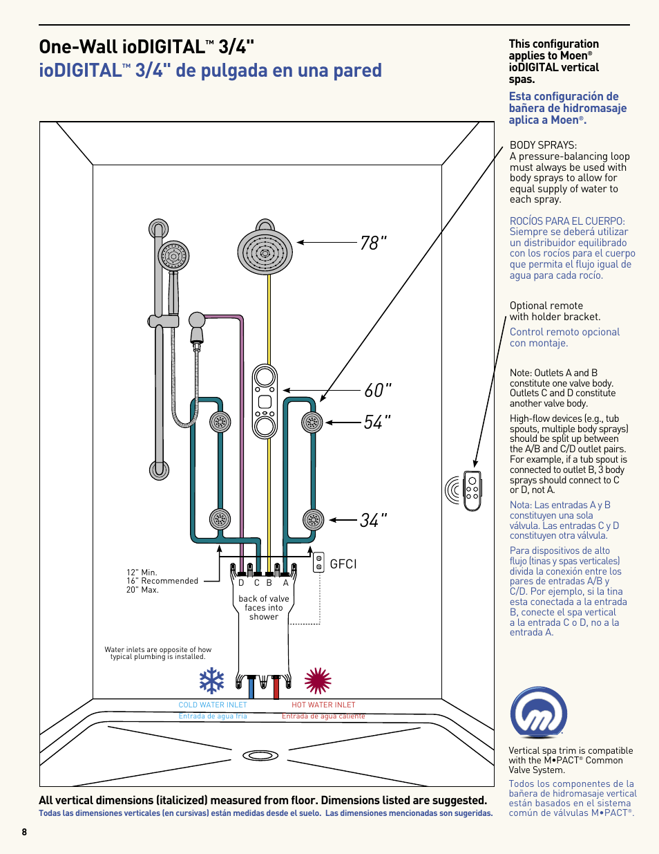 One-wall iodigital, 3/4" iodigital, 3/4" de pulgada en una pared | Moen Vertical Spa MF2816 User Manual | Page 8 / 24