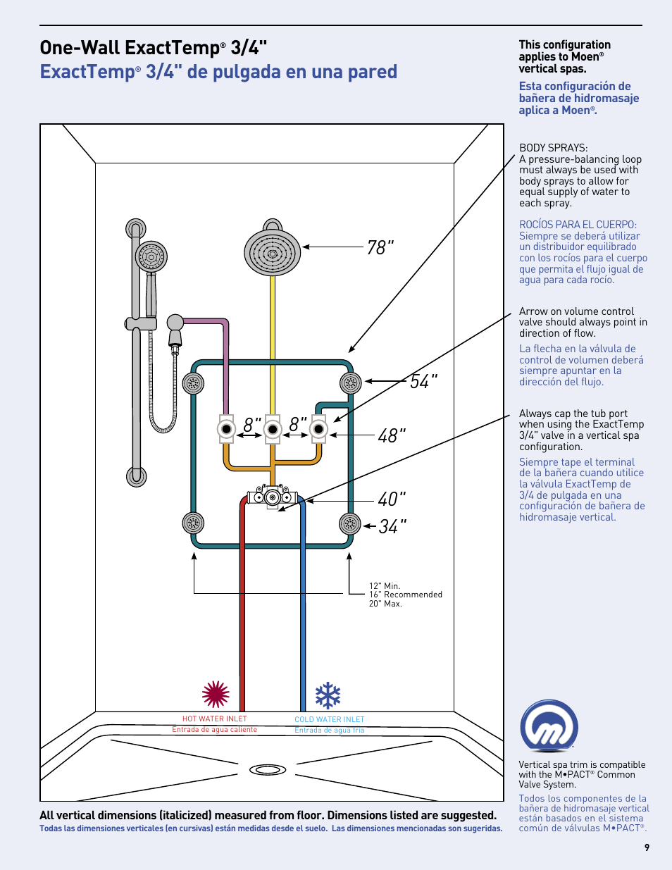 3/4" exacttemp, 3/4" de pulgada en una pared | Moen Vertical Spa MF2816 User Manual | Page 9 / 24