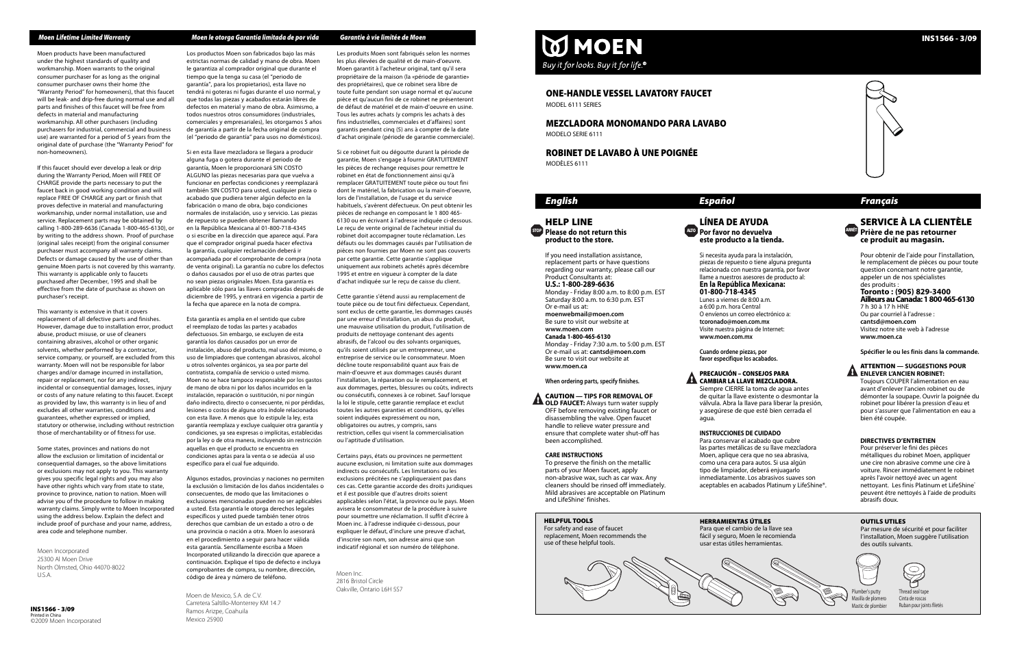 English español français, Help line, Línea de ayuda | Service à la clientèle, One-handle vessel lavatory faucet, Mezcladora monomando para lavabo, Robinet de lavabo à une poignée | Moen 6111 User Manual | Page 4 / 4