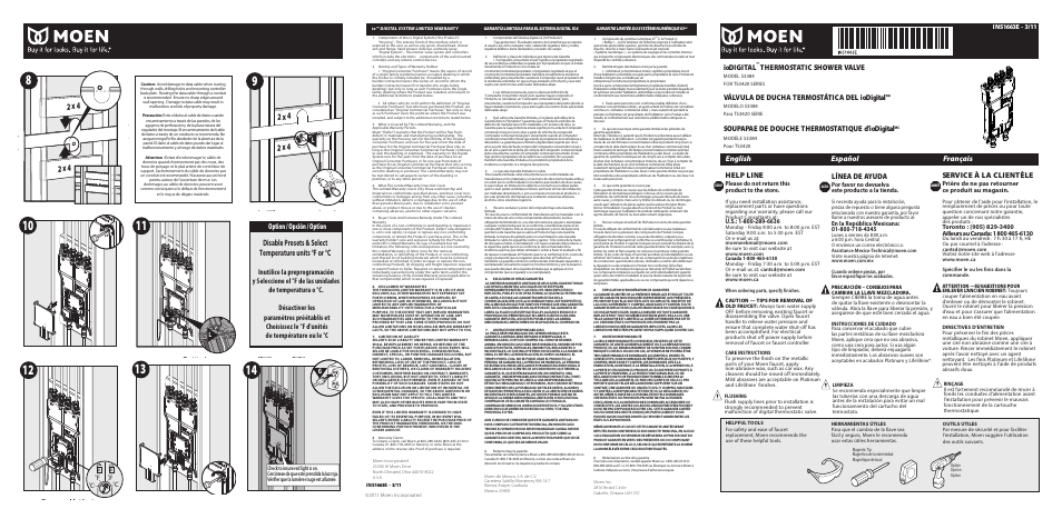 2 x 4, English español français, Help line | Línea de ayuda, Service à la clientèle, Iodigital, Thermostatic shower valve, Válvula de ducha termostática del iodigital, Soupapae de douche thermostatique d'iodigital, Option / opción / option | Moen INS1663E - 3/11 User Manual | Page 5 / 6