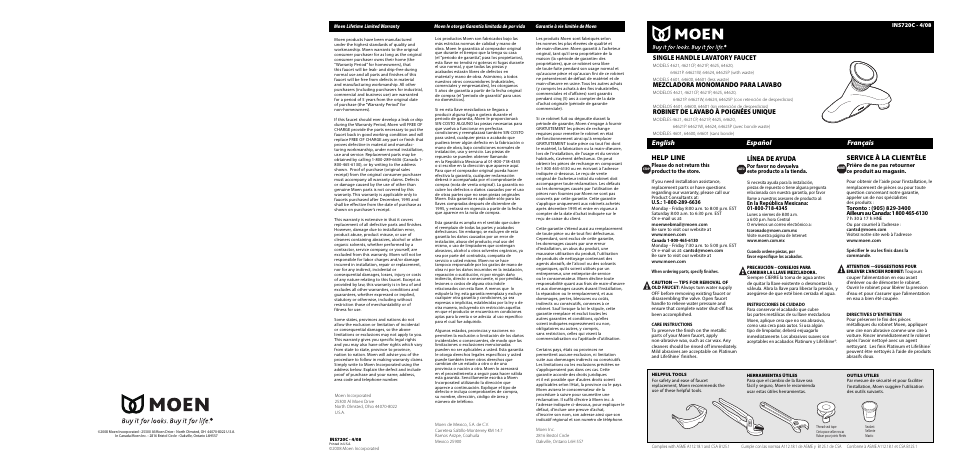 English español français, Help line, Línea de ayuda | Service à la clientèle, Single handle lavatory faucet, Mezcladora monomando para lavabo, Robinet de lavabo à poignées unique | Moen 64621P User Manual | Page 5 / 6