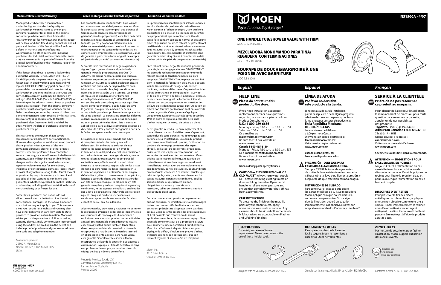 English español français, Help line, Línea de ayuda | Service à la clientèle, One handle tub/shower valve with trim | Moen 82244 Series User Manual | Page 4 / 4
