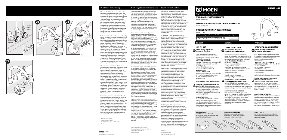 Two-handle kitchen faucet, Mezcladora para cocina de dos manerales, Robinet de cuisine à deux poignées | English español français, Help line, Línea de ayuda, Service à la clientèle | Moen 7786 User Manual | Page 6 / 6