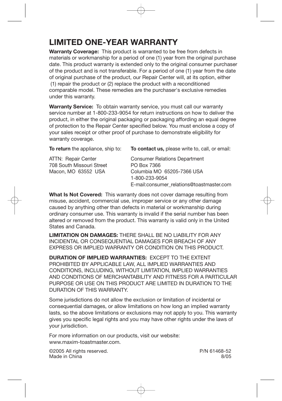 Limited one-year warranty | Melitta MES2B User Manual | Page 16 / 16