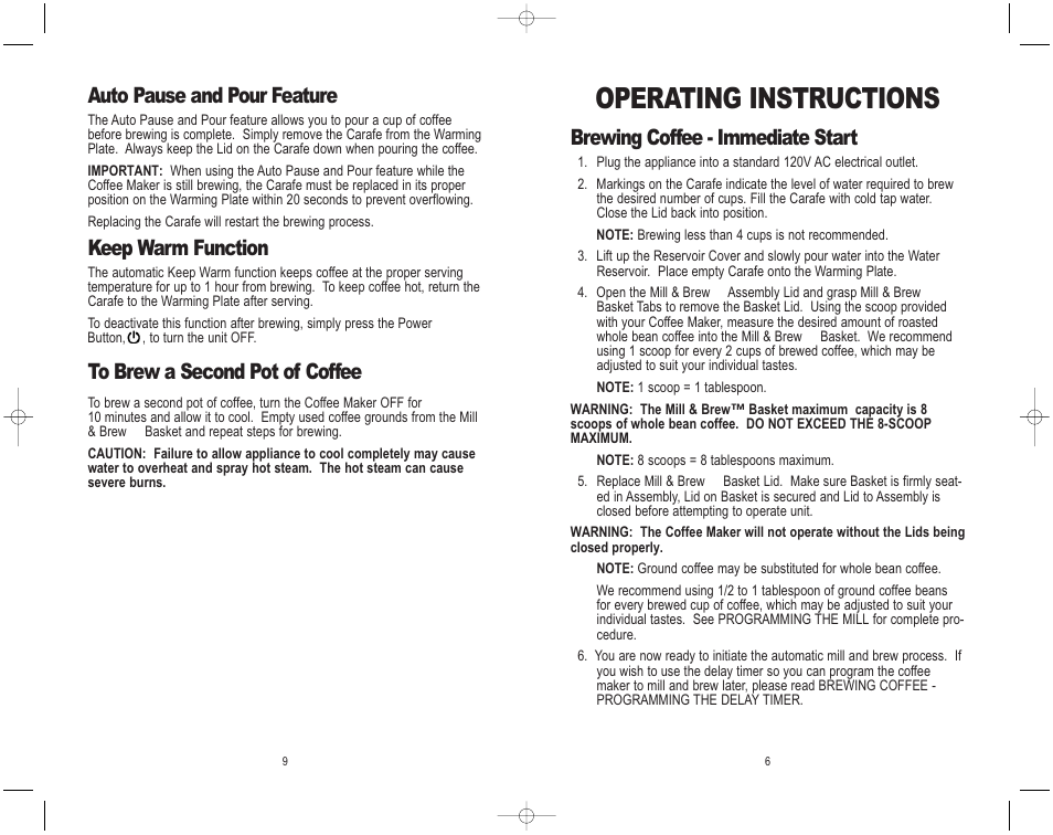 Operating instructions, Auto pause and pour feature, Keep warm function | Brewing coffee - immediate start | Melitta MEMB1B User Manual | Page 10 / 16