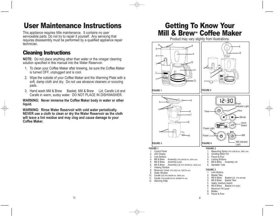 User maintenance instructions, Getting to know your mill & brew, Coffee maker | Cleaning instructions, Product may vary slightly from illustrations | Melitta MEMB1B User Manual | Page 12 / 16