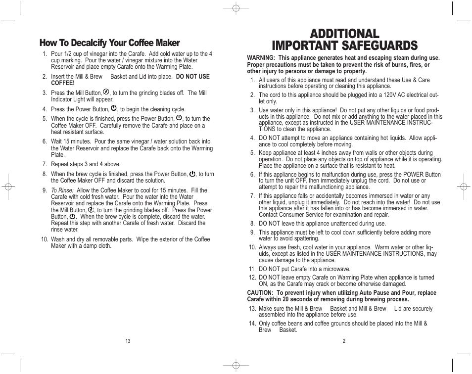 Additional important safeguards, How to decalcify your coffee maker | Melitta MEMB1B User Manual | Page 14 / 16