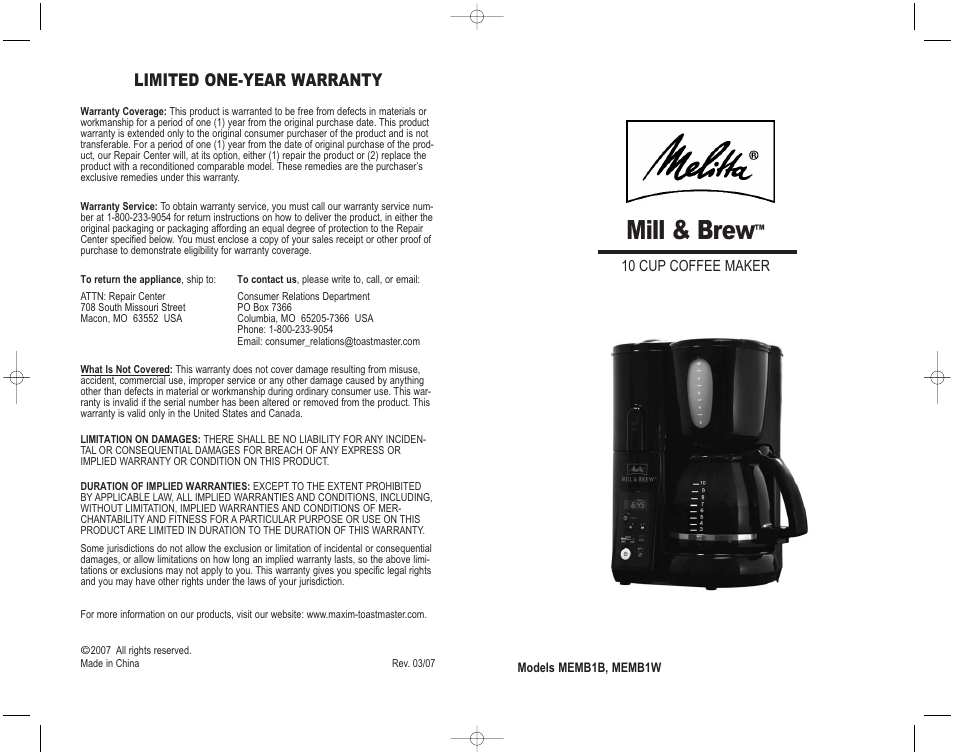 Mill & brew, Limited one-year warranty | Melitta MEMB1B User Manual | Page 16 / 16