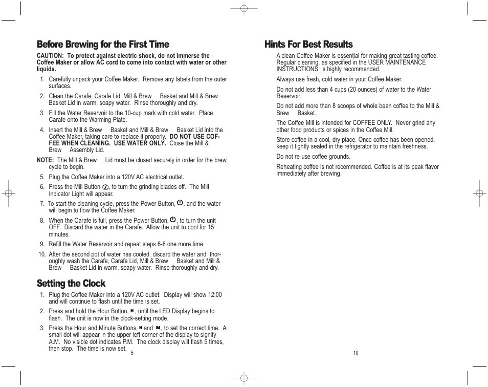 Hints for best results, Before brewing for the first time, Setting the clock | Melitta MEMB1B User Manual | Page 6 / 16