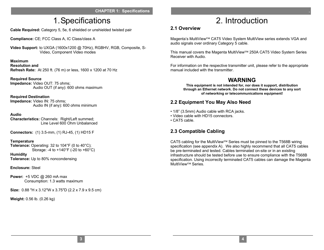 Specifications, Introduction, Warning | Magenta MULTIVIEW 250A User Manual | Page 3 / 7