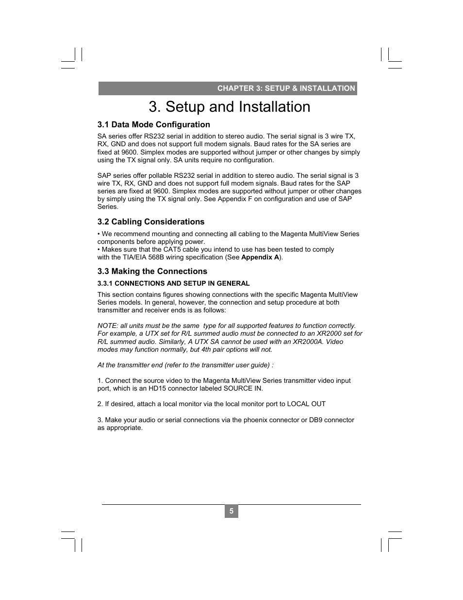 Setup and installation, 1 data mode configuration, 2 cabling considerations | 3 making the connections | Magenta MULTIVIEW XR2000 User Manual | Page 7 / 24