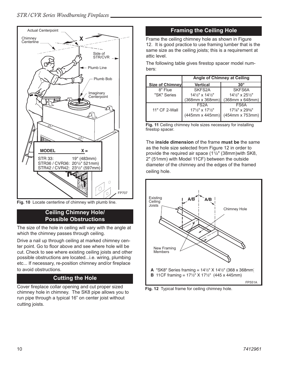 Str/cvr series woodburning fireplaces, Ceiling chimney hole/ possible obstructions, Cutting the hole | Framing the ceiling hole | Majestic CVR42 User Manual | Page 10 / 28