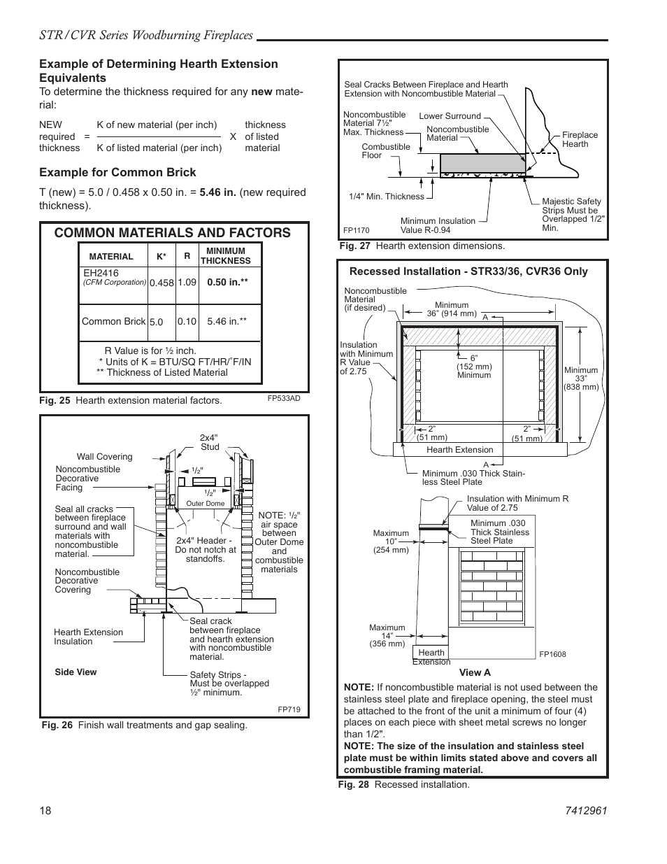 Str/cvr series woodburning fireplaces, Common materials and factors, Example for common brick | Majestic CVR42 User Manual | Page 18 / 28