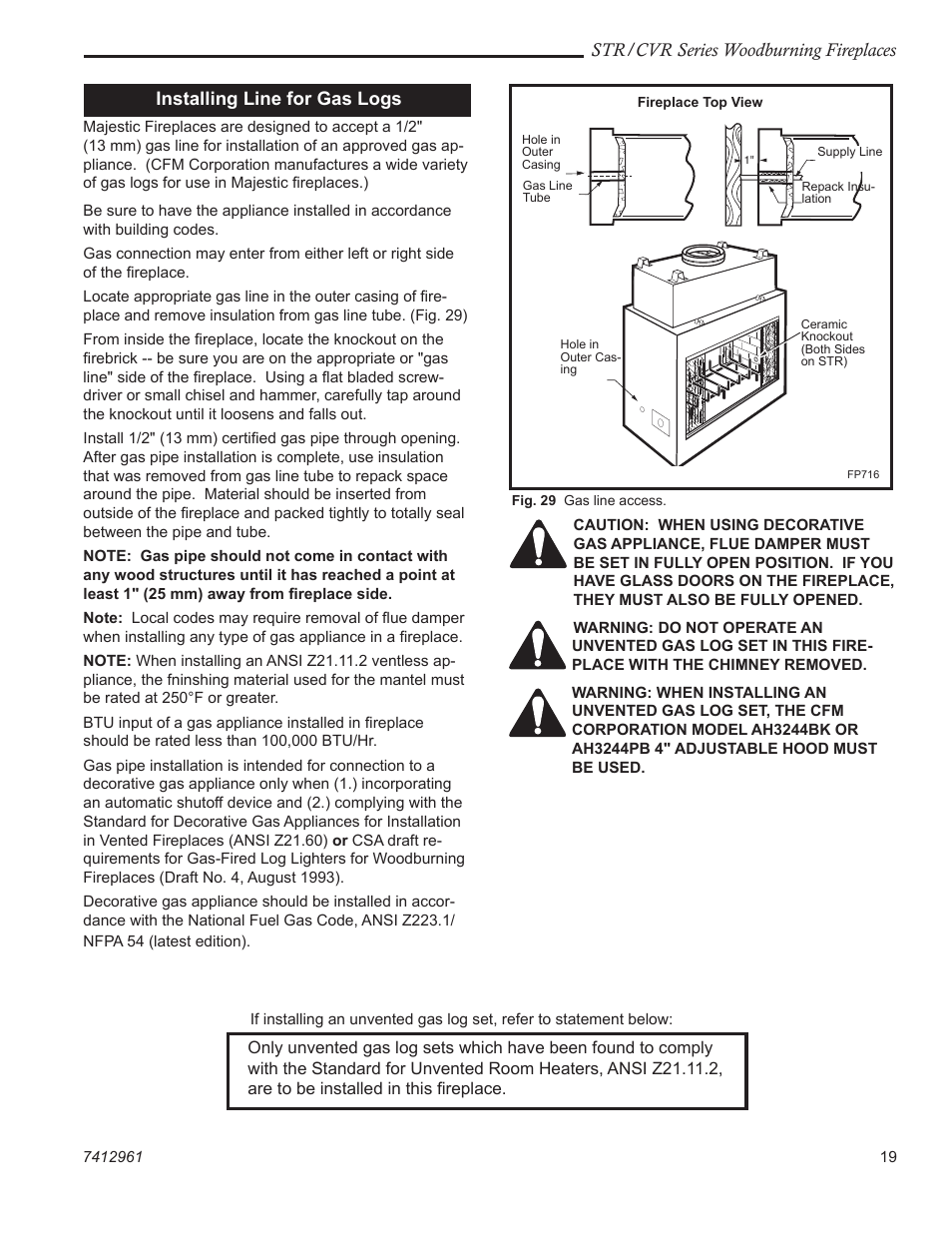 Str/cvr series woodburning fireplaces, Installing line for gas logs | Majestic CVR42 User Manual | Page 19 / 28