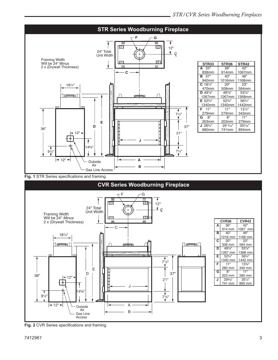 Str/cvr series woodburning fireplaces, Str series woodburning fireplace, Cvr series woodburning fireplace | Majestic CVR42 User Manual | Page 3 / 28