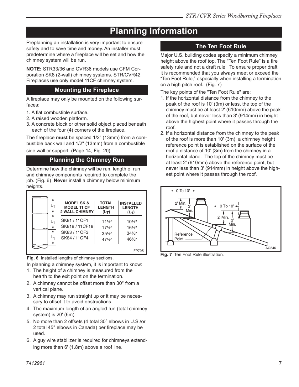 Planning information, Str/cvr series woodburning fireplaces, Mounting the fireplace | Planning the chimney run, The ten foot rule | Majestic CVR42 User Manual | Page 7 / 28