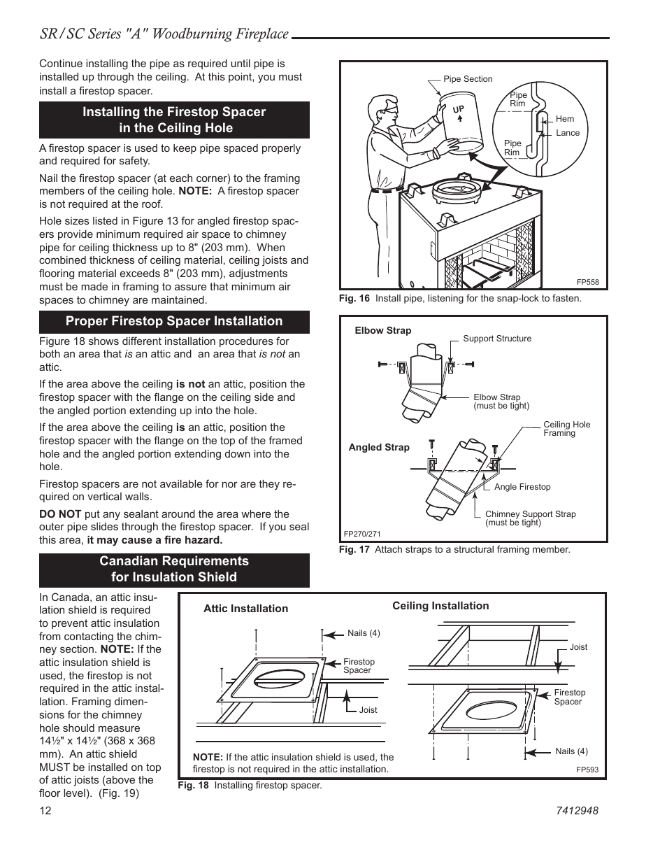 Sr/sc series "a" woodburning fireplace, Installing the firestop spacer in the ceiling hole, Proper firestop spacer installation | Canadian requirements for insulation shield | Majestic SR/SC Series A SC36A User Manual | Page 12 / 24