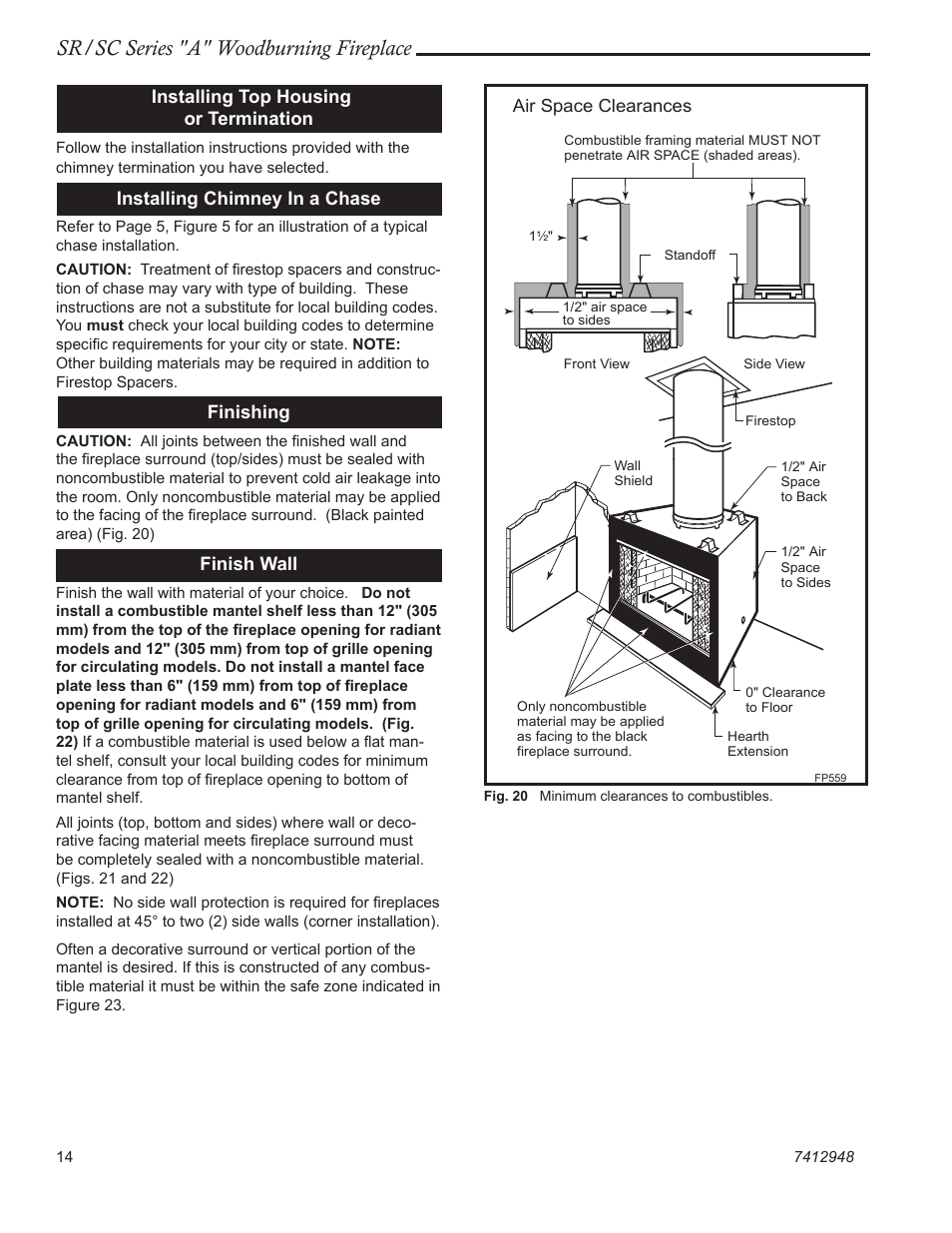 Sr/sc series "a" woodburning fireplace, Installing top housing or termination, Installing chimney in a chase | Finishing, Finish wall, Air space clearances | Majestic SR/SC Series A SC36A User Manual | Page 14 / 24