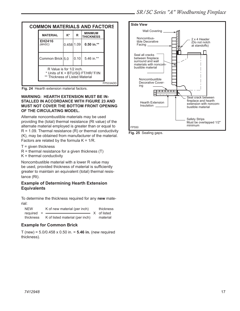 Sr/sc series "a" woodburning fireplace, Common materials and factors, Example for common brick | Majestic SR/SC Series A SC36A User Manual | Page 17 / 24