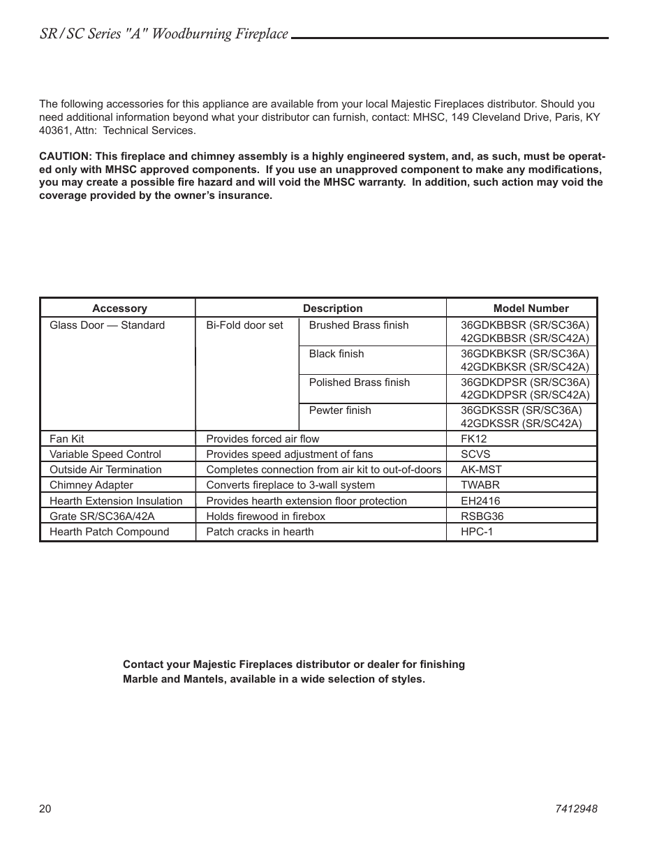 Accessories, Sr/sc series "a" woodburning fireplace | Majestic SR/SC Series A SC36A User Manual | Page 20 / 24