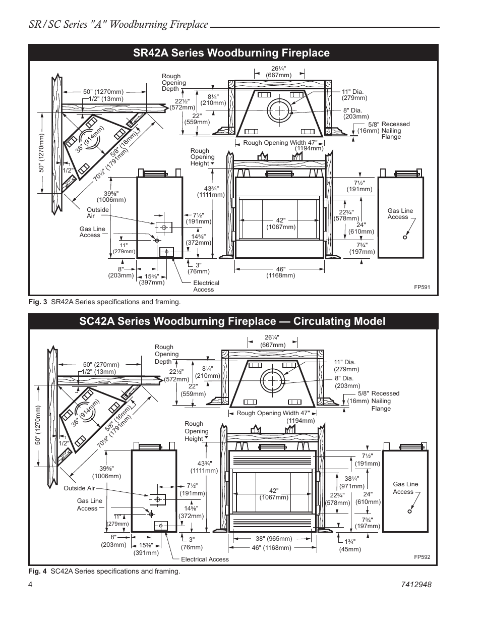 Sr/sc series "a" woodburning fireplace, Sr42a series woodburning fireplace | Majestic SR/SC Series A SC36A User Manual | Page 4 / 24