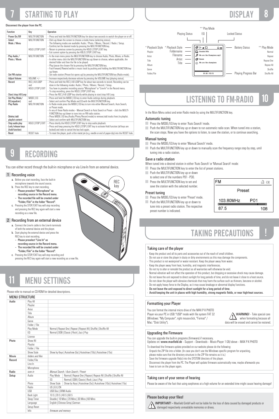 Taking precautions, Listening to fm-radio, Display | Recording, Starting to play, Menu settings | Maxfield 6GB User Manual | Page 2 / 2