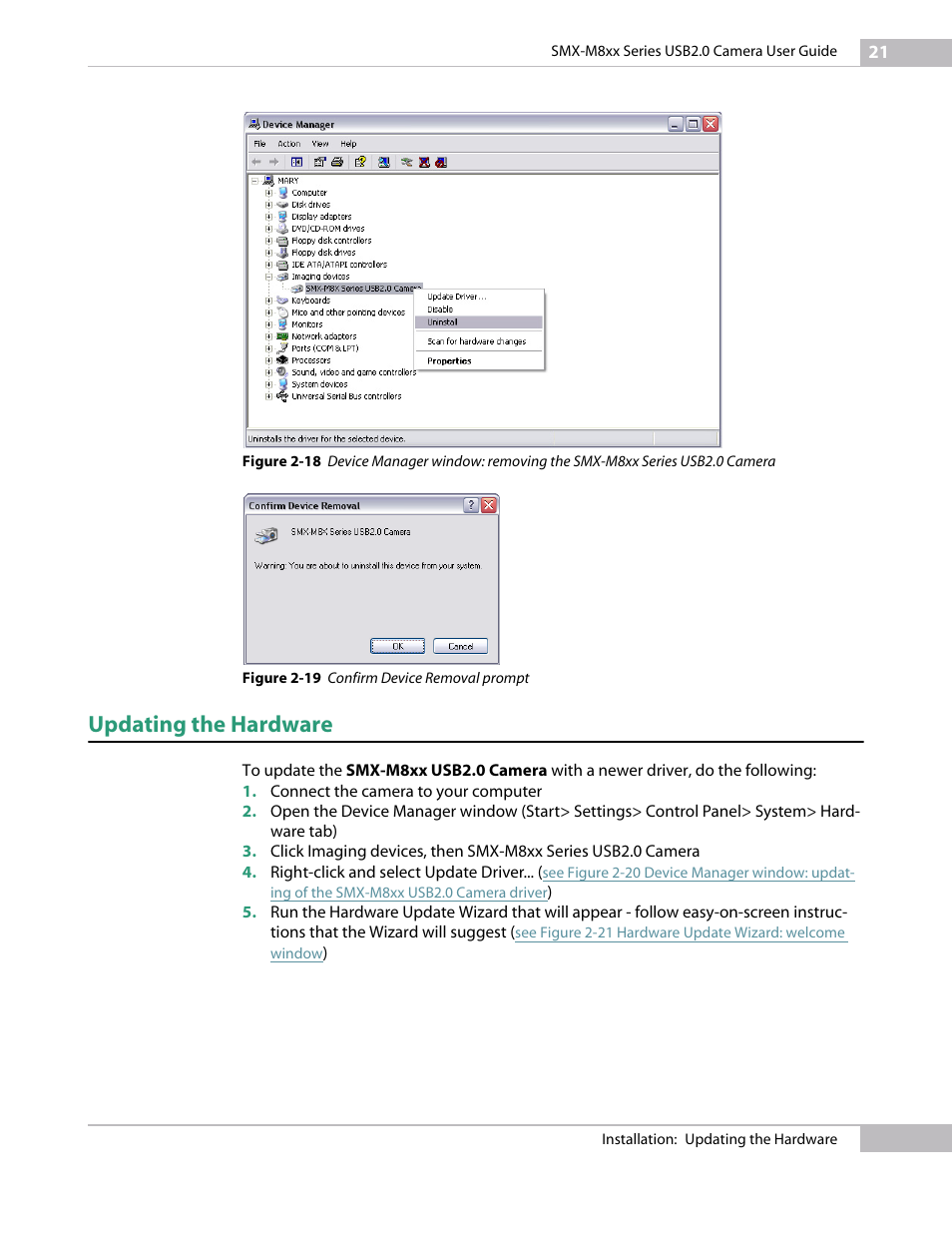 Updating the hardware, Smx-m8xx series usb2.0 camera, See figure 2-19 confirm device | Removal prompt | Micron Technology USB Camera User Manual | Page 25 / 90