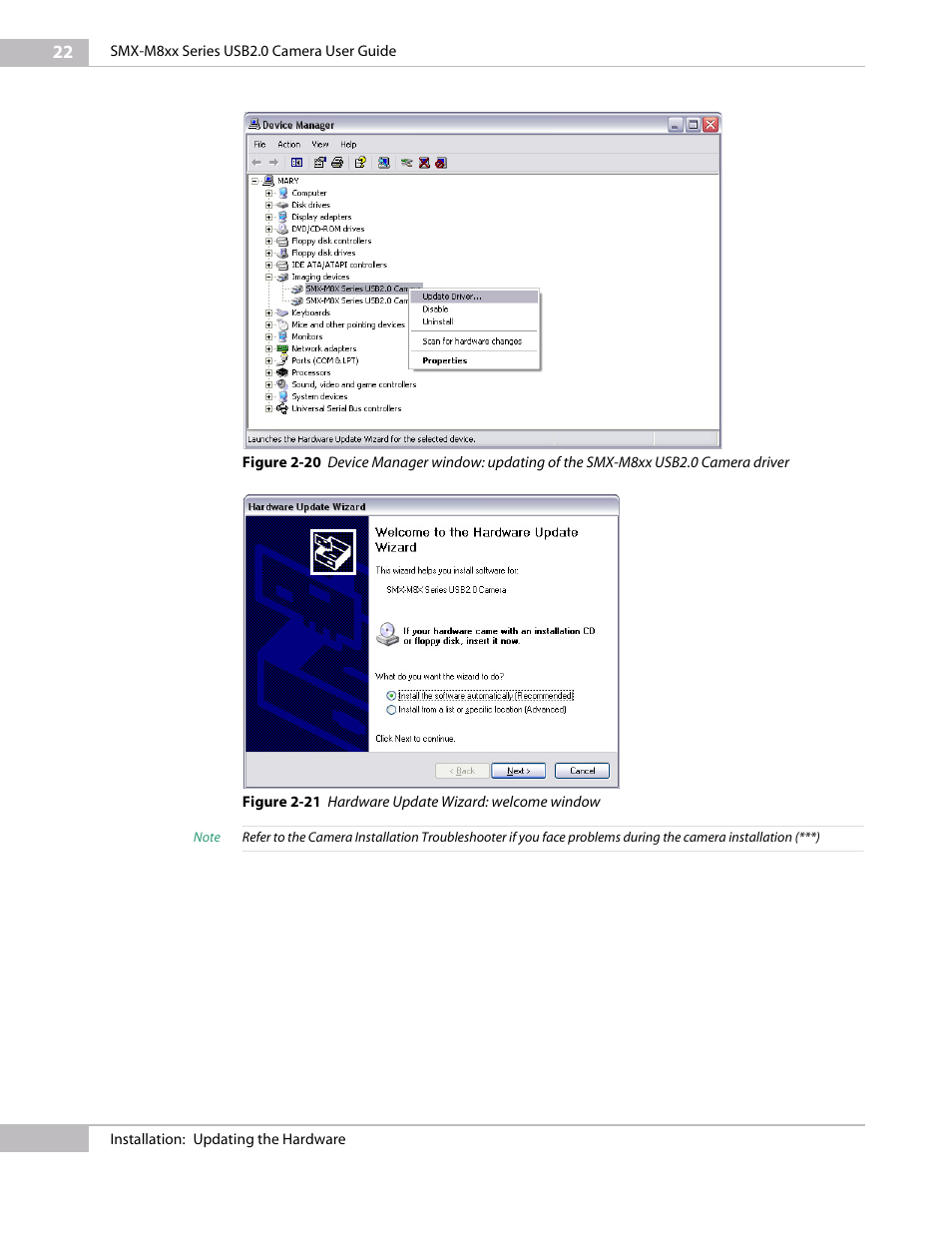 See figure 2-20 device manager window: updat, Ing of the smx-m8xx usb2.0 camera driver, Ggest | See figure 2-21 hardware update wizard: welcome, Window | Micron Technology USB Camera User Manual | Page 26 / 90