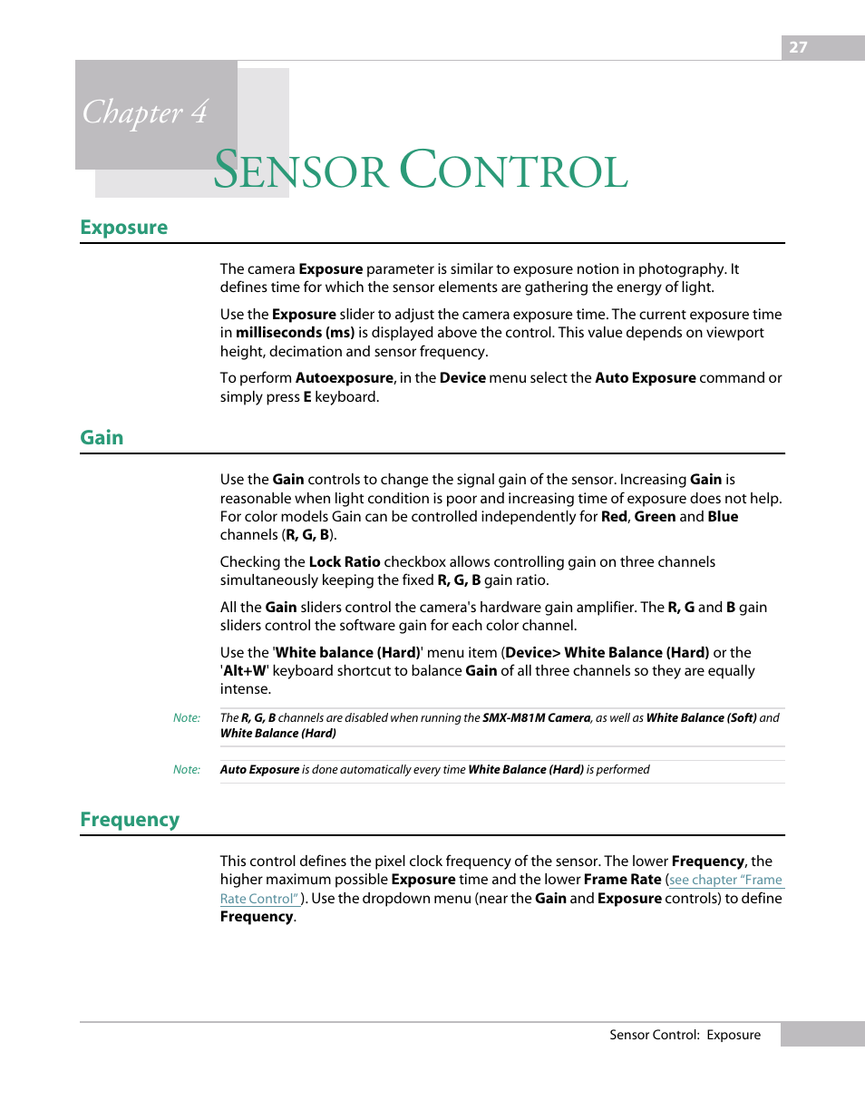 Sensor control, Exposure, Gain | Frequency, Chapter 4 senso, Ensor, Ontrol, Chapter 4 | Micron Technology USB Camera User Manual | Page 31 / 90