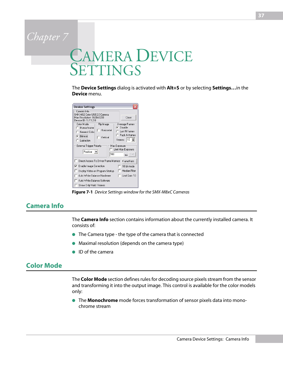 Camera device settings, Camera info, Color mode | Chapter 7 camera, Amera, Evice, Ettings, Chapter 7 | Micron Technology USB Camera User Manual | Page 41 / 90